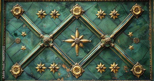 Ornate Green Door With Golden Star Detail In Prague