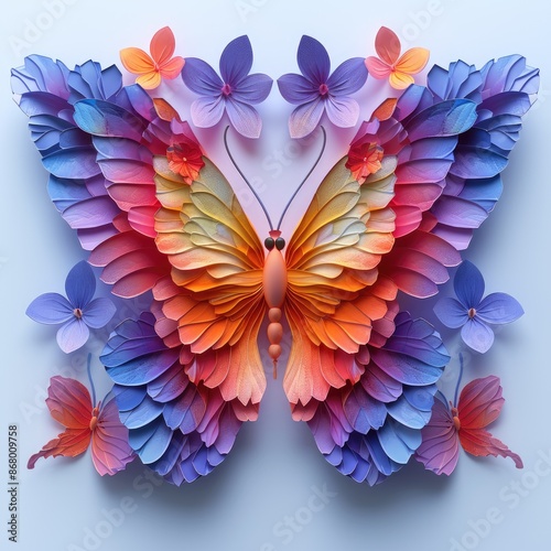 Exquisite craftsmanship: colorful butterfly and flower organic paper sculpture design, an illustration of dreamy romance, perfect for banner, capturing the beauty of nature in intricate detail.