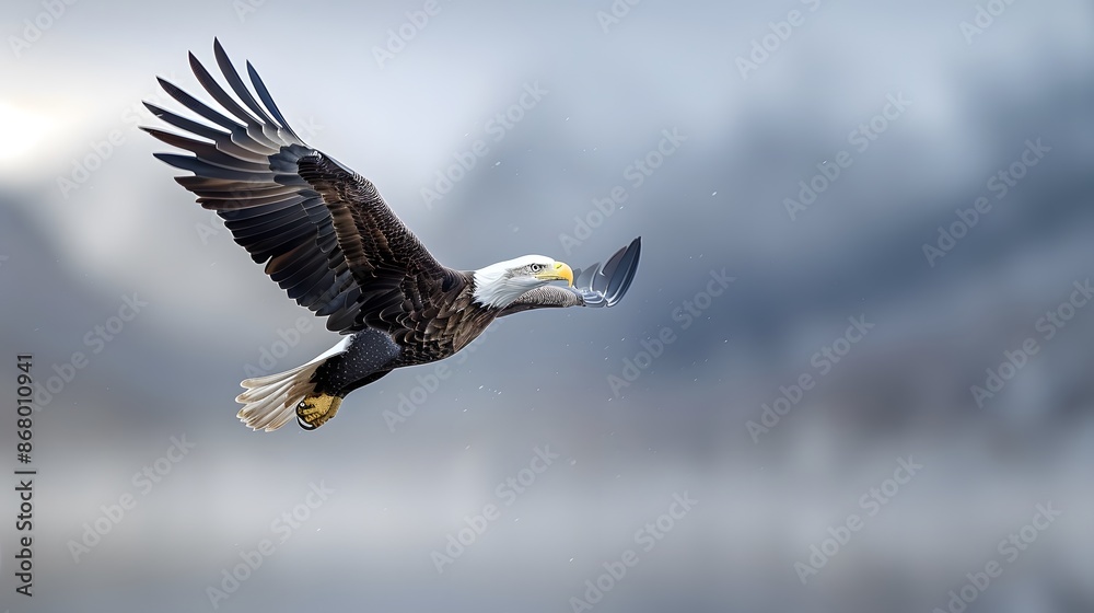 A bald eagle flying through a canyon, with steep rock walls on either side. List of Art Media Minimalist realistic A bald eagle flying through a canyon, with steep rock walls on either side. List of Art Media Minimalist realistic