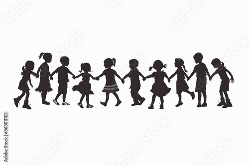 A group of children holding hands in a line on a white background