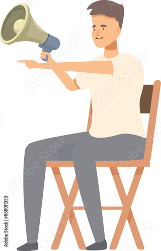 Film director holding megaphone sitting on chair, giving instructions during movie making process