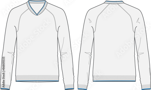 Knit v-neck sweatshirt technical fashion illustration design template with ribbed cuffs, regular fit and long sleeves front and back view