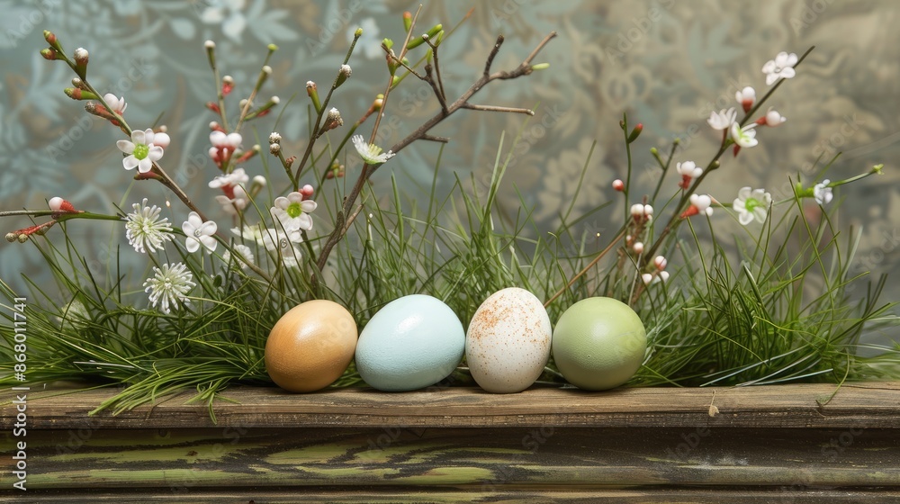 Easter eggs in grass with spring decorations and wooden bench display Easter eggs in grass with spring decorations and wooden bench display