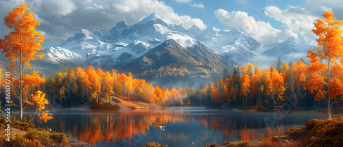 Stunning Autumn Landscape with Vibrant Fall Foliage, Snow-Capped Mountain Peaks, and Serene Lake Reflection