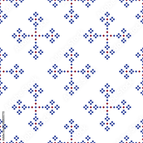 Cross Stitch embroidery seamless.Geometric pixel ethnic patterns. American, Mexican,African, mediterranean, nordic,Aztec style.Beautiful Embroidery Trendy folk art background design for decorate.