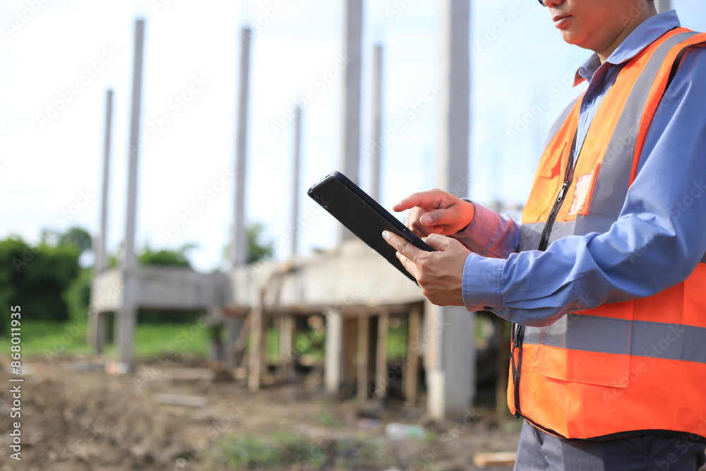 Young professional engineer in hat and blueprint paper is working...At the house construction site. Motivation: success, career growth. achieving goals Young professional engineer in hat and blueprint paper is working...At the house construction site. Motivation: success, career growth. achieving goals