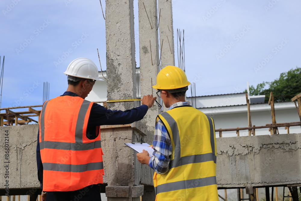 Young professional engineer in hat and blueprint paper is working...At the house construction site. Motivation: success, career growth. achieving goals