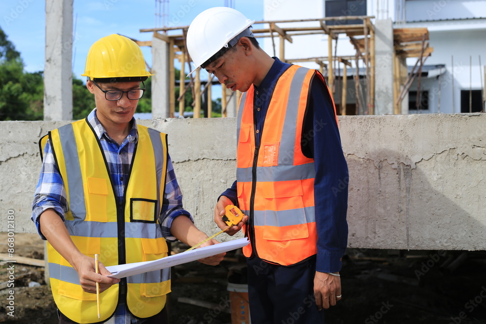 Young professional engineer in hat and blueprint paper is working...At the house construction site. Motivation: success, career growth. achieving goals Young professional engineer in hat and blueprint paper is working...At the house construction site. Motivation: success, career growth. achieving goals