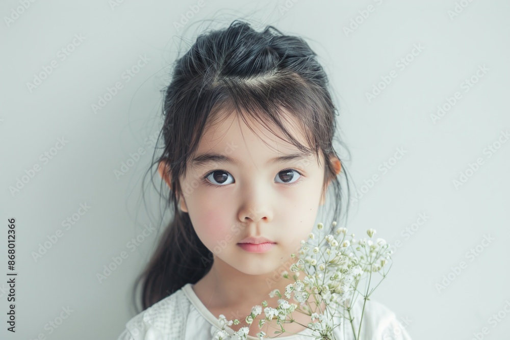 Adorable Asian Girl Holding Flowers with Big, Innocent Eyes Adorable Asian Girl Holding Flowers with Big, Innocent Eyes