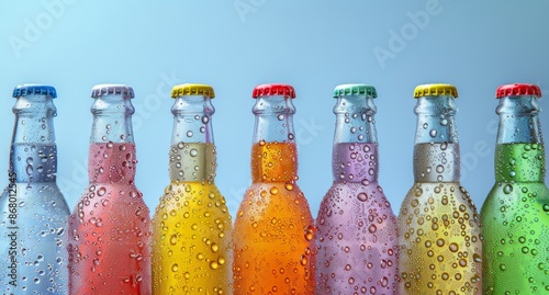 Row of Colorful Glass Bottles With Water Droplets on a Blue Background