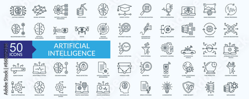 Artificial intelligence icon collection set with machine learning, neural network, speech recognition, image processing, spam filtering