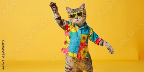 Colorful Cats Wearing Sunglasses Dancing on Background, Fun Pet Party Invitation, Stylish and Tech-Savvy, Holiday Cheer, AI-Generated High-Resolution Wallpaper for Festive Occasions © Da