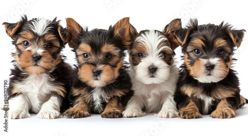 Four Adorable Yorkshire Terrier Puppies Sitting in a Row on White Background