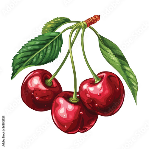 vector Ripe cherries with simple stems and green leaves