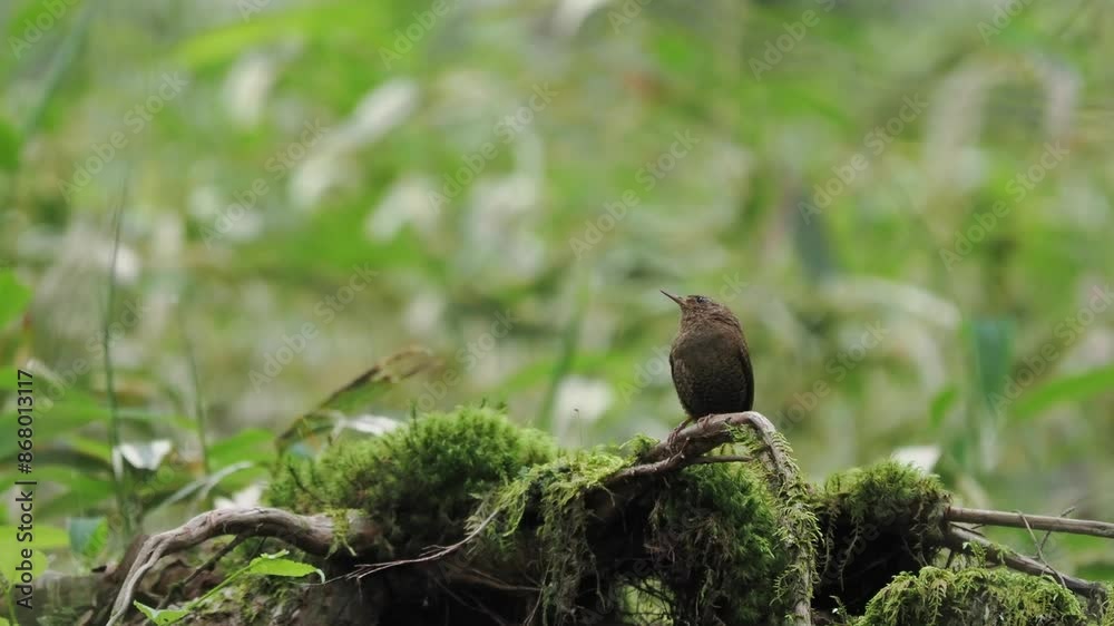 森の中で苔の生えた倒木の上でさえずっているミソサザイ 森の中で苔の生えた倒木の上でさえずっているミソサザイ