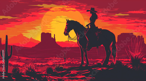 Silhouette of a Cowgirl on Horseback at Sunset