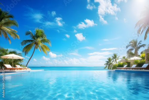 Tranquil beachfront hotel scene with palm tree beside endless pool