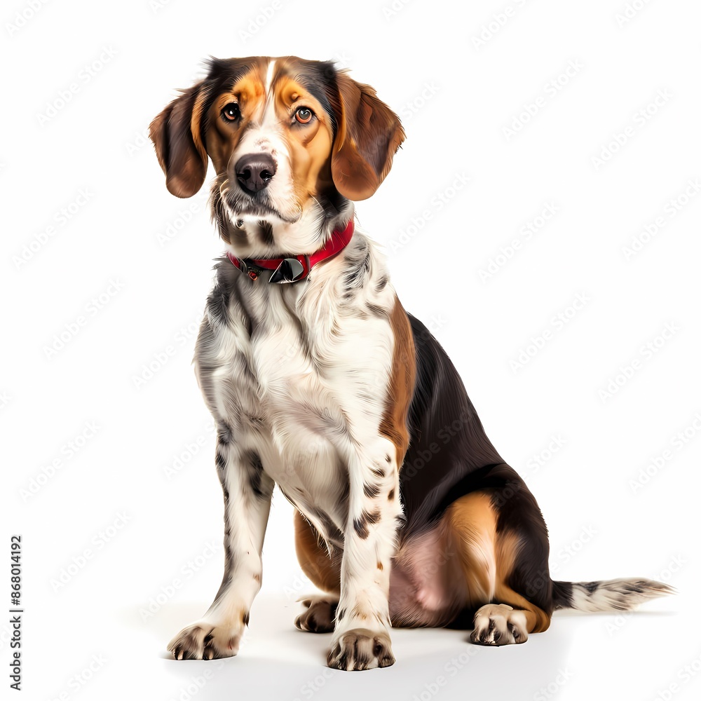 Serbian tricolour hound dog breed standing against white background, AI Generated Serbian tricolour hound dog breed standing against white background, AI Generated