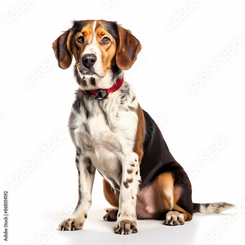 Serbian tricolour hound dog breed standing against white background, AI Generated © Toseef