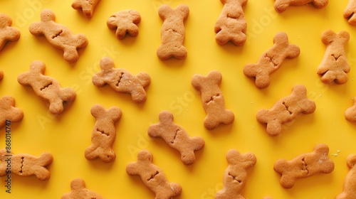 Dog treats displayed on a yellow surface viewed from above