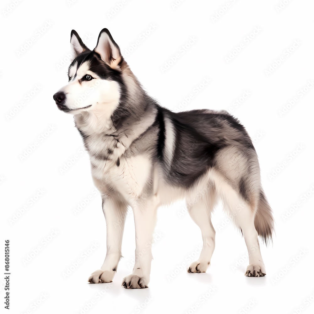 Sakhalin husky dog breed standing against white background, AI Generated Sakhalin husky dog breed standing against white background, AI Generated