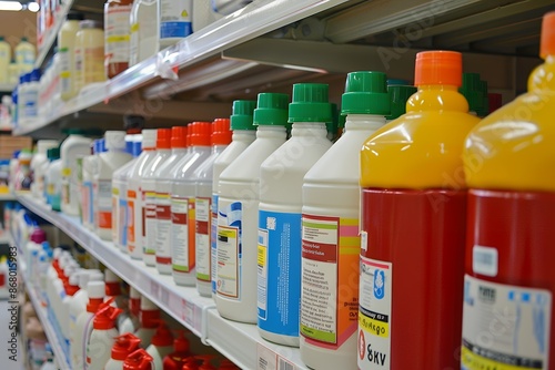 Bottles of Cleaning Products on a Shelf in a Grocery Store