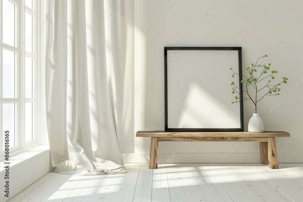 Minimalist Room with Blank Frame, Ready for Inspiration, White Room, Wooden Table, Sunlight