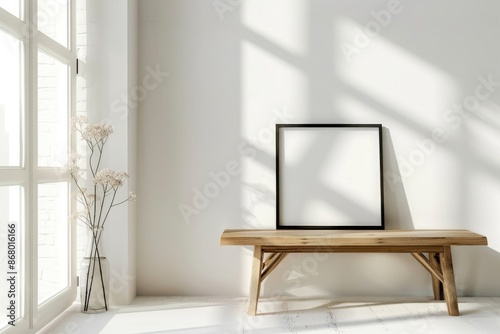 Minimalist Room with Blank Frame, Ready for Inspiration, White Room, Wooden Table, Sunlight