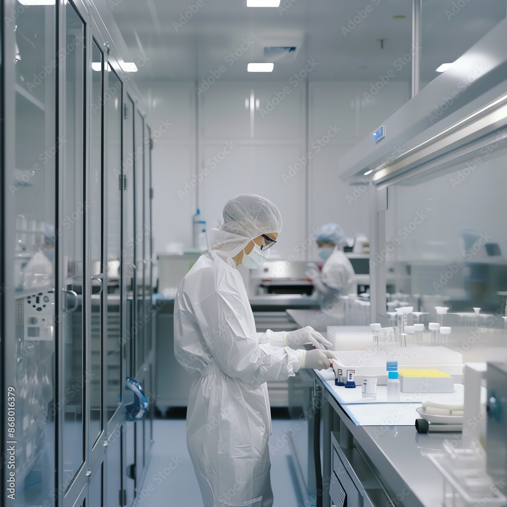 Naklejka premium Lab technician maintaining spotless hygiene with sterilized equipment, clean laboratory with neatly arranged tools, copy space