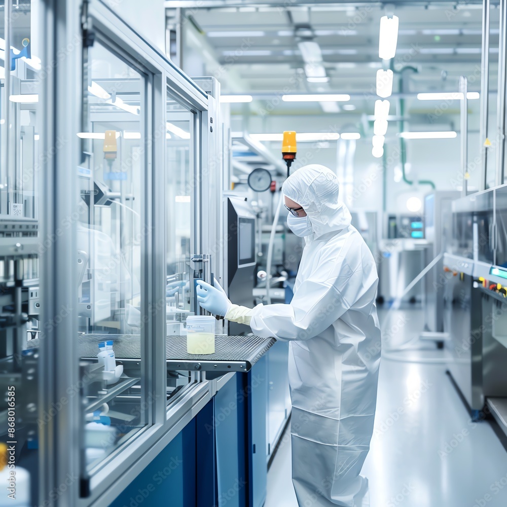 Technician cleaning and maintaining machinery in a bright factory, well-lit area with polished equipment, isolated white background Technician cleaning and maintaining machinery in a bright factory, well-lit area with polished equipment, isolated white background