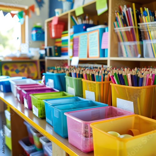 Teacher organizing classroom materials and labeling supplies, neat educational environment with clear labels and bins, copy space photo