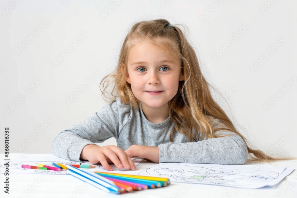 Little Girl Drawing with Colored Pencils and Smiling at Camera Little Girl Drawing with Colored Pencils and Smiling at Camera