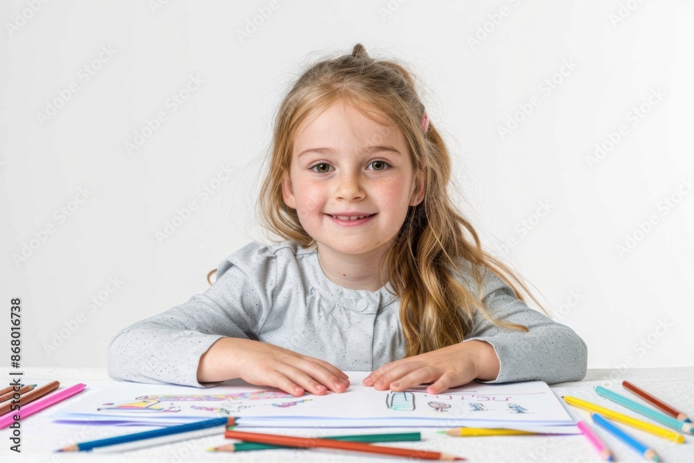 Little Girl Drawing with Colored Pencils on a Table Smiling Little Girl Drawing with Colored Pencils on a Table Smiling