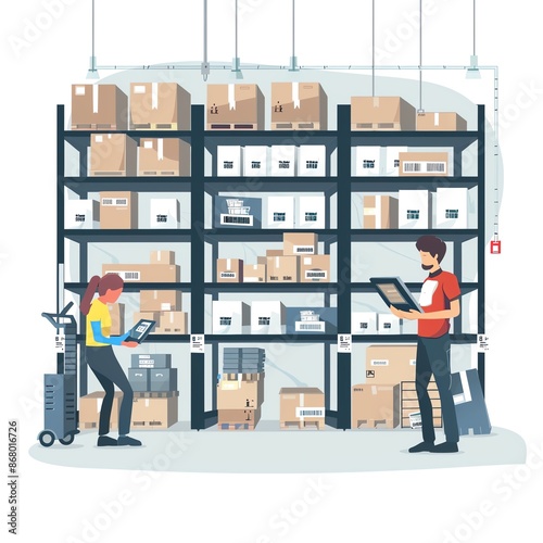 Warehouse workers labeling inventory for efficient retrieval, industrial setting with organized shelves and barcode scanners, isolated white background photo