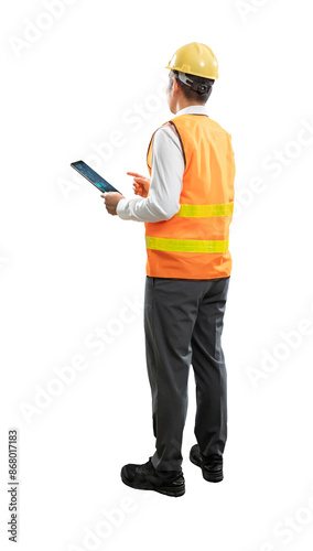 Asian engineer or technician with tablet full length isolated photo