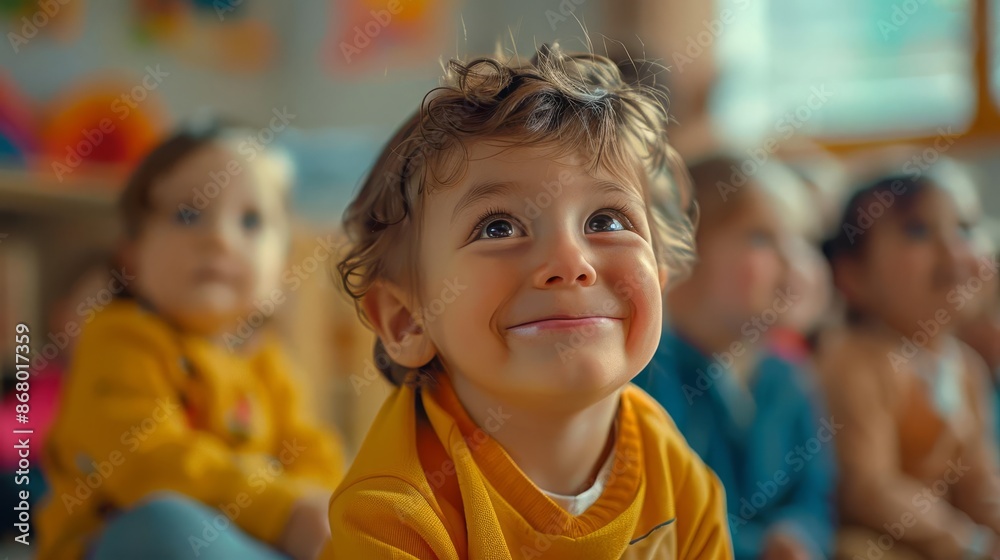 Rule of thirds composition shot ofGroup of happy toddlers with bright expressions enjoying a puppet show in a preschool environment