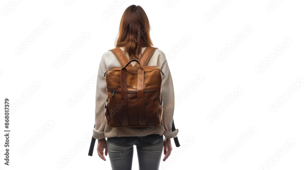 Fototapeta premium Woman with travel bag backpack, back view isolated on transparent background