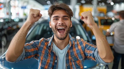Ecstatic young man imagines owning a new car at a dealership photo