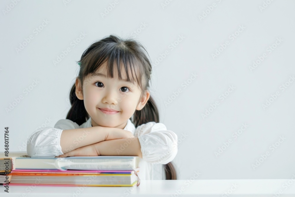 Smiling Young Asian Girl with Pigtails Leaning on Stack of Colorful Books Smiling Young Asian Girl with Pigtails Leaning on Stack of Colorful Books