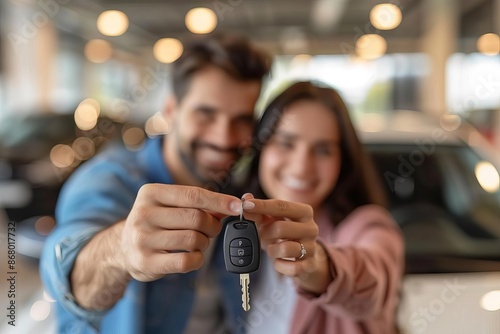 Joyful couple displays their new car key at a dealership