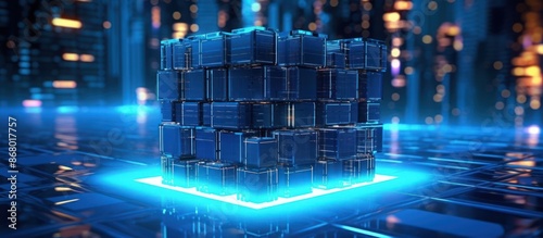 3d rendering of a futuristic computer modeling a blue digital cube photo