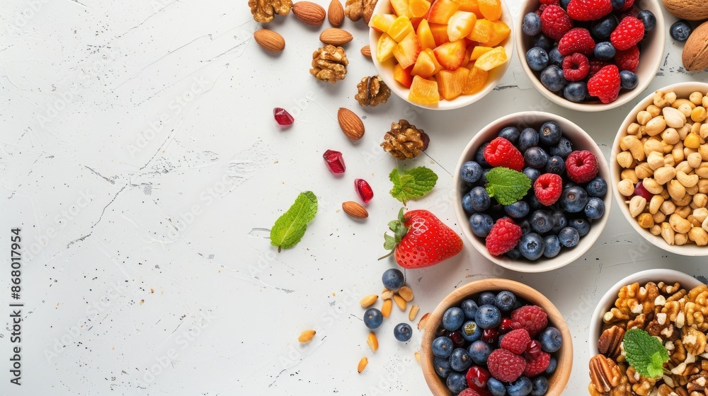 Aesthetic breakfast idea with fruits on white background Nutrient rich snack view with space for text Aesthetic breakfast idea with fruits on white background Nutrient rich snack view with space for text