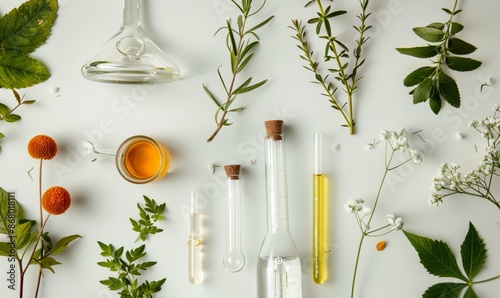 Various medicinal plants and test tubes on white laboratory table