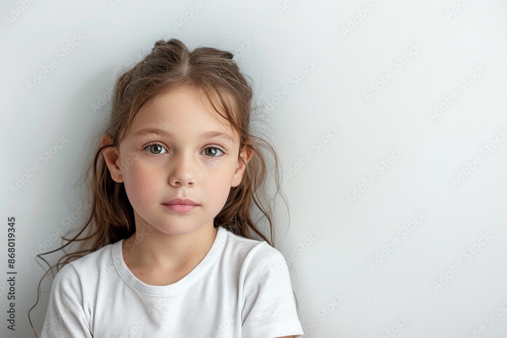 Innocent Girl with Long Hair and White Shirt Looking Thoughtful Indoors Innocent Girl with Long Hair and White Shirt Looking Thoughtful Indoors