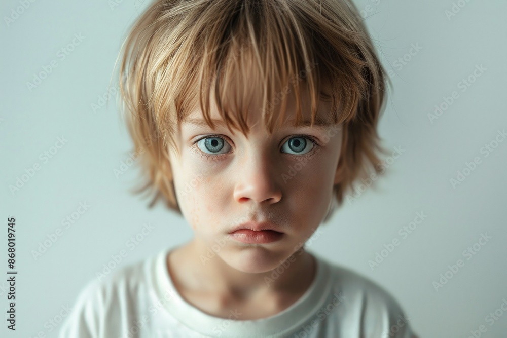 Young boy with blue eyes and tousled hair staring directly at the camera Young boy with blue eyes and tousled hair staring directly at the camera
