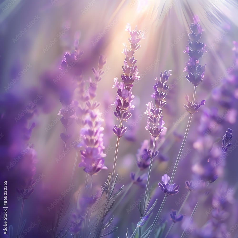 Fototapeta premium Lavender blossoms, soft focus, sunlight filtering through, close-up, delicate and aromatic