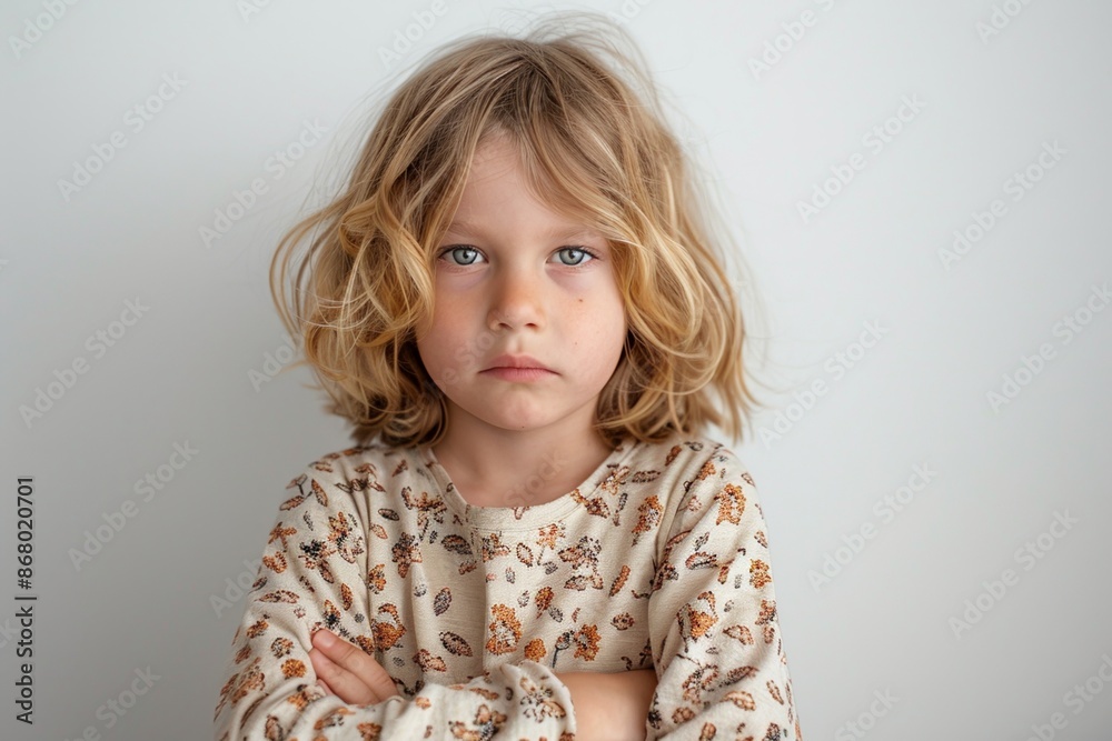 Serious child with crossed arms wearing floral shirt standing against a plain background Serious child with crossed arms wearing floral shirt standing against a plain background