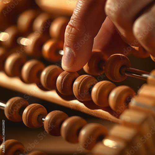 Abacus beads in motion, fingers moving beads, wooden frame, soft lighting, close-up, sharp detail