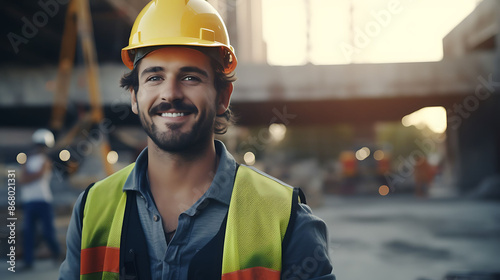 A millennial male civil engineer on a construction site, looking at the camera and smiling confidently, with an onsite background