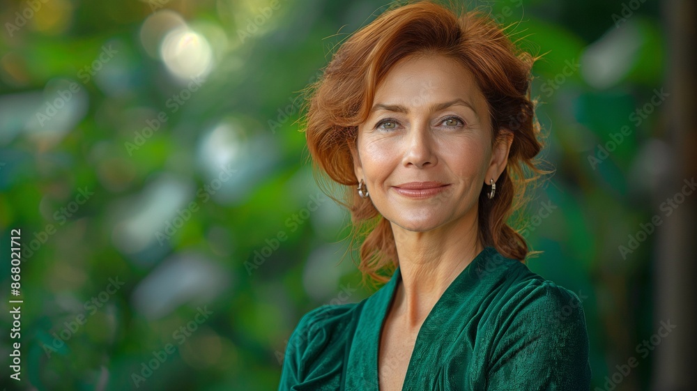 Grinning, middle-aged, accomplished businesswoman wearing a forest green shirt Grinning, middle-aged, accomplished businesswoman wearing a forest green shirt